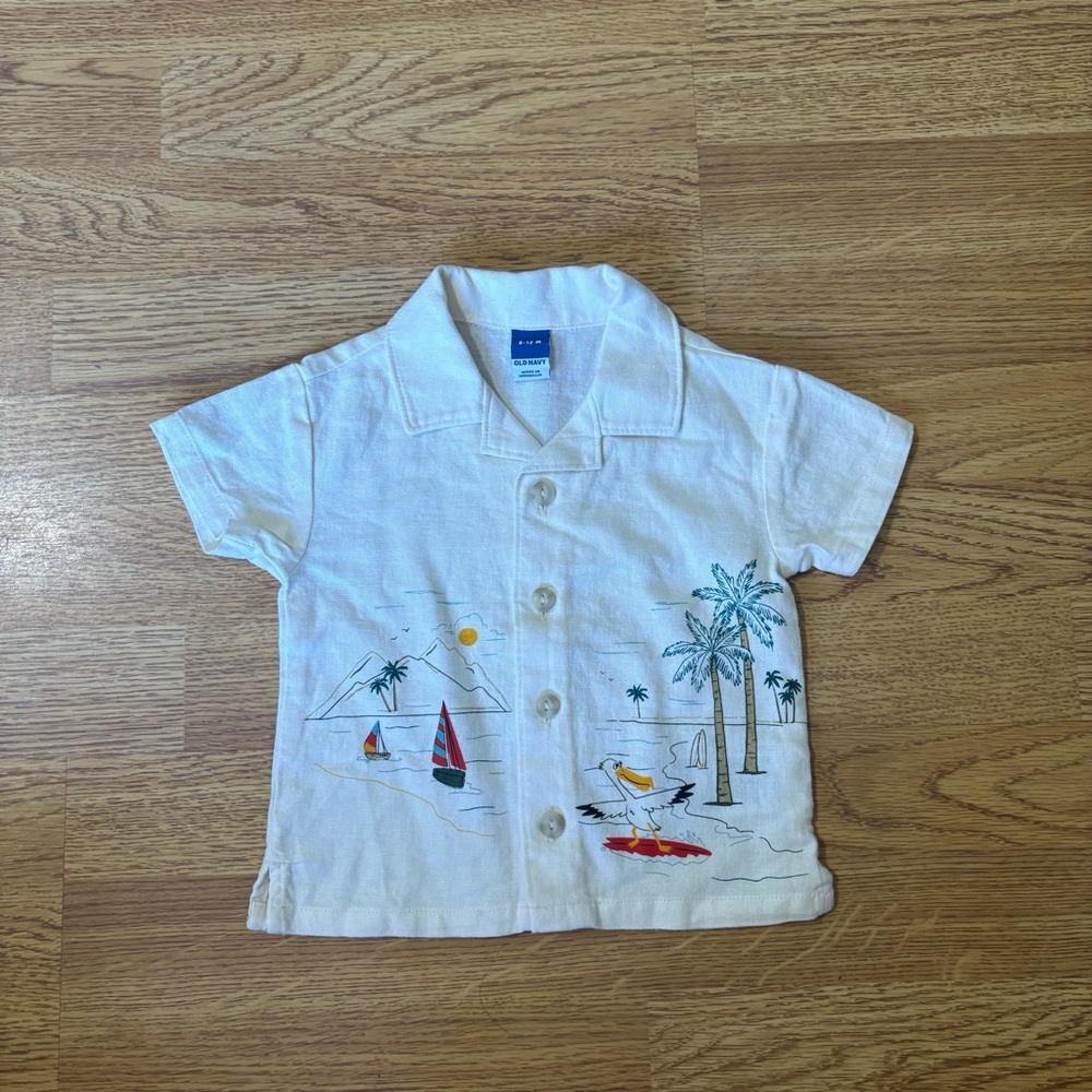 Old navy cream linen blend beach sailing, button down shirt size 6-12 months